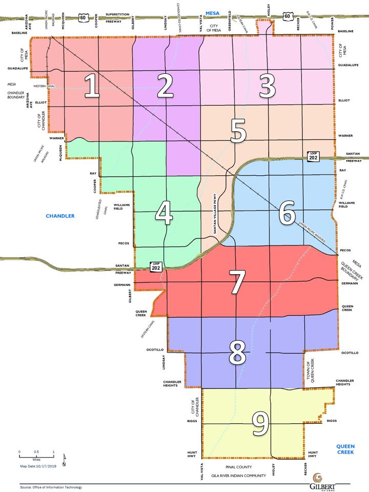 Map of Nine Geographic Sections of Gilbert for Citizens Transportation Task Force