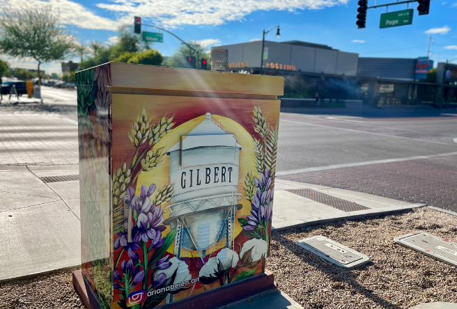 A utility box in downtown Gilbert now boasts a colorful mural featuring the Gilbert Water Tower. 