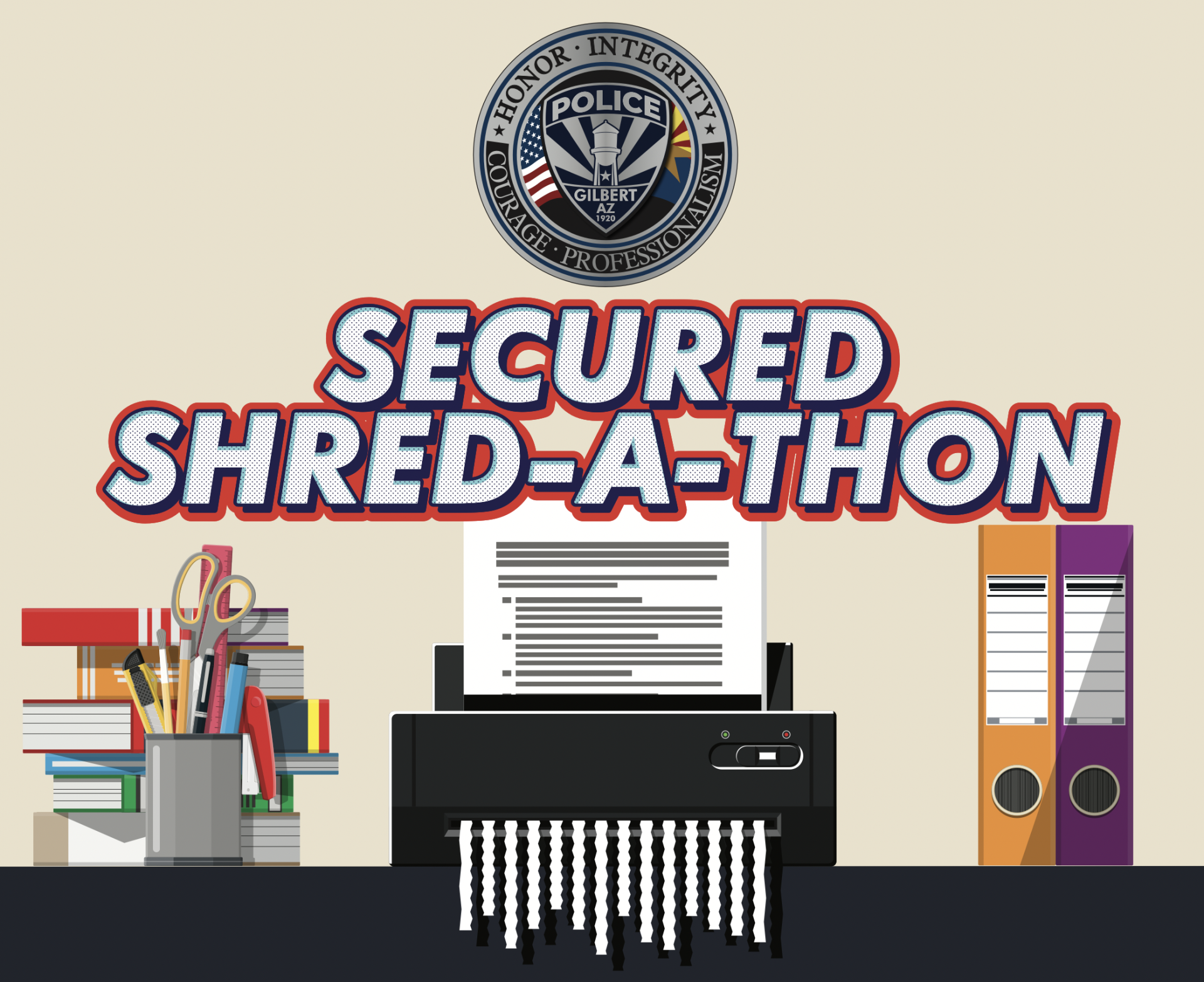 GPD Secured shred-a-thon graphic with paper shredder clipart