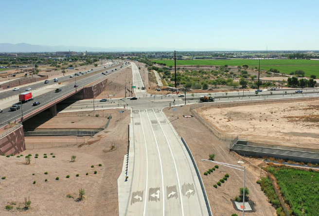 An aerial view of the new Lindsay Road traffic interchange on the Loop 202 Santan Freeway.