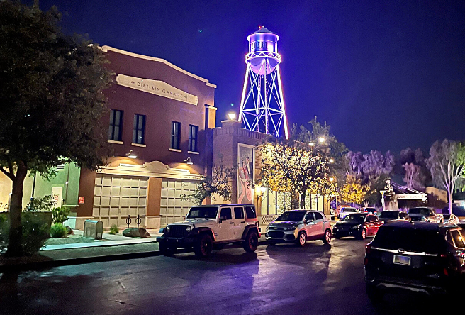 Downtown Gilbert's Heritage District is aglow at night.