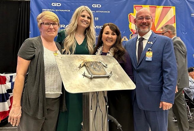 Pictured left to right: Veteran Advisory Board Liaison Pamela Rinesmith, Ship Sponsor Nikki Stratton, Gilbert Mayor Brigette Peterson, Former Councilmember Bill Spence.