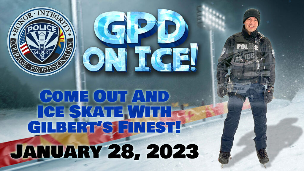 Graphic of GPD on Ice with an officer smiling