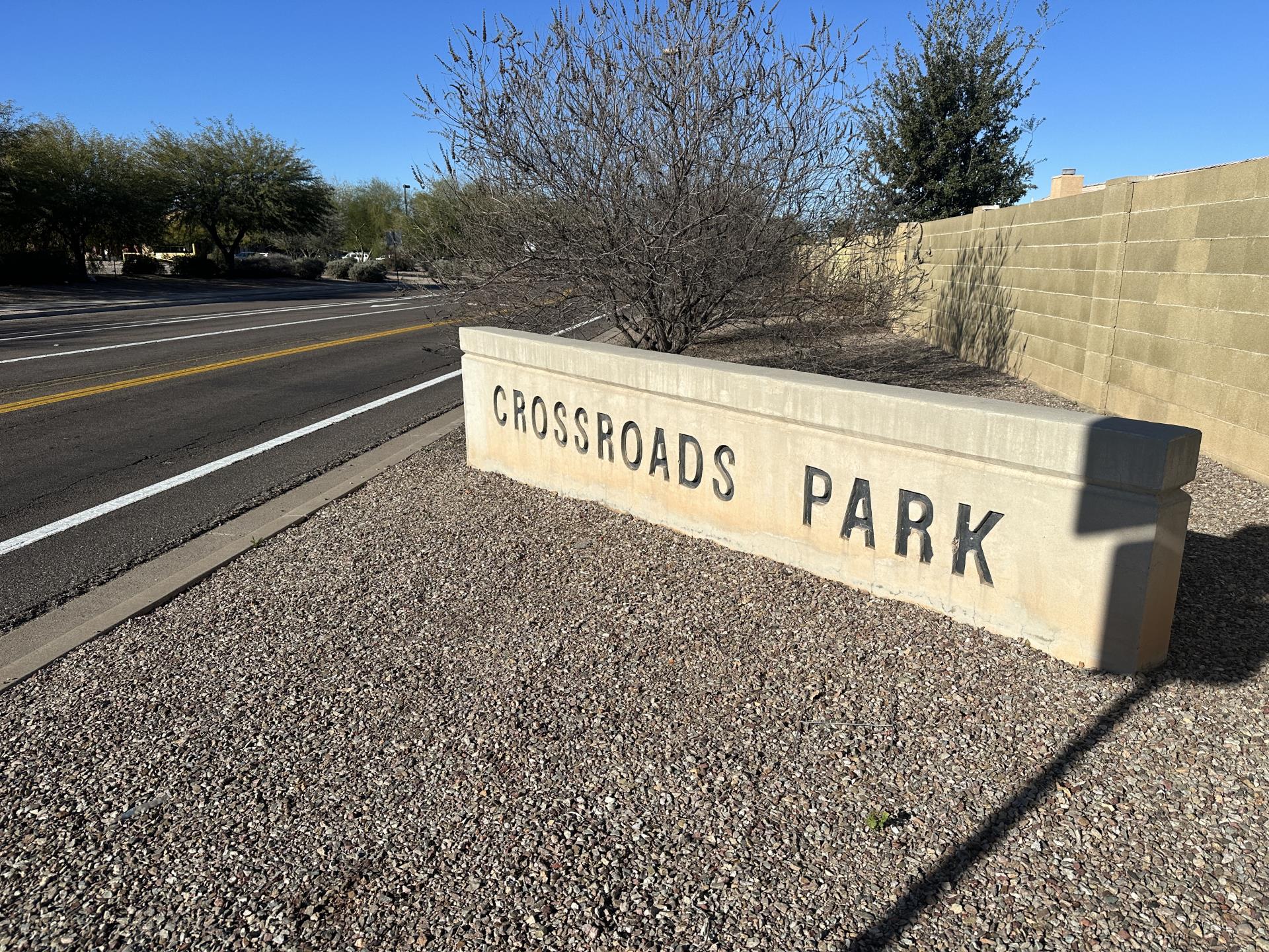 A photo of the front entrance to Crossroads Park. The sign reads Crossroads Park.