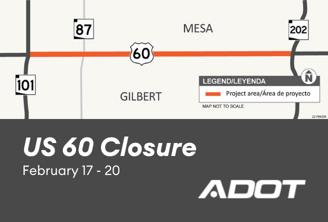 Map of the impacted area of the US 60 closure Feb. 17-20.