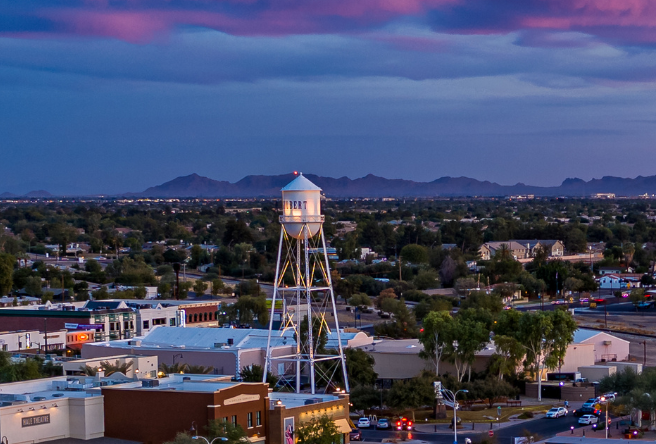 A photo of Gilbert's downtown heritage district at sunset.