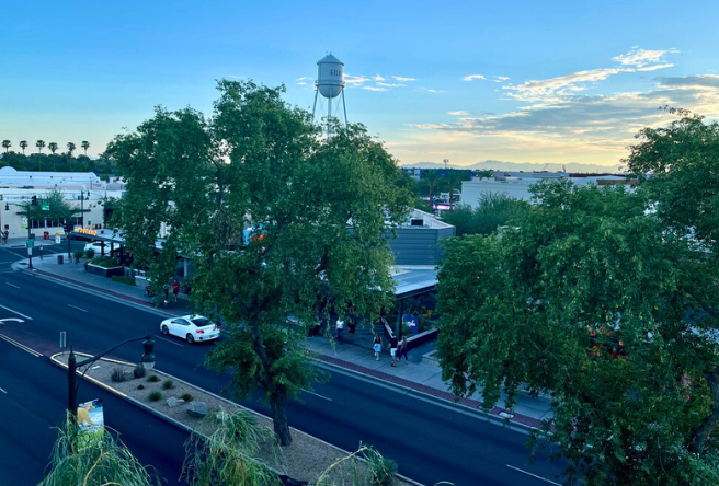 A photo of downtown Gilbert at dusk.