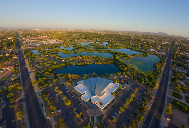 An aerial photo of the Gilbert Riparian Preserve from 2023. 