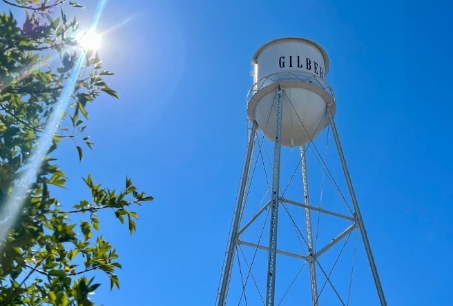 A photo of the Gilbert Water Tower with the sun peeking through a tree.