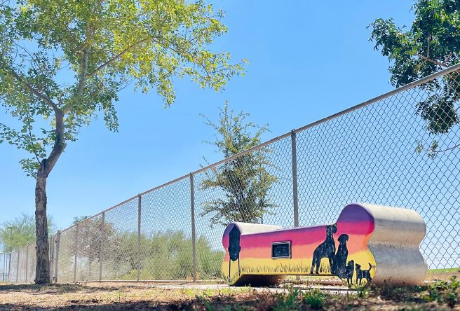 A photo of a bench at Crossroads Dog Park which is shaped like a dog bone and features a painted of dogs and the Gilbert Water Tower against a yellow, red and purple sunset.