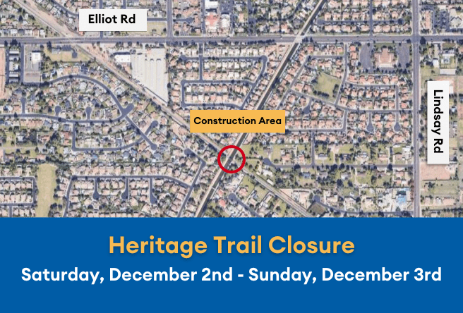 A Google map showing the construction closure along Heritage Trail. A banner details the closure and the dates of December 2 - 3.