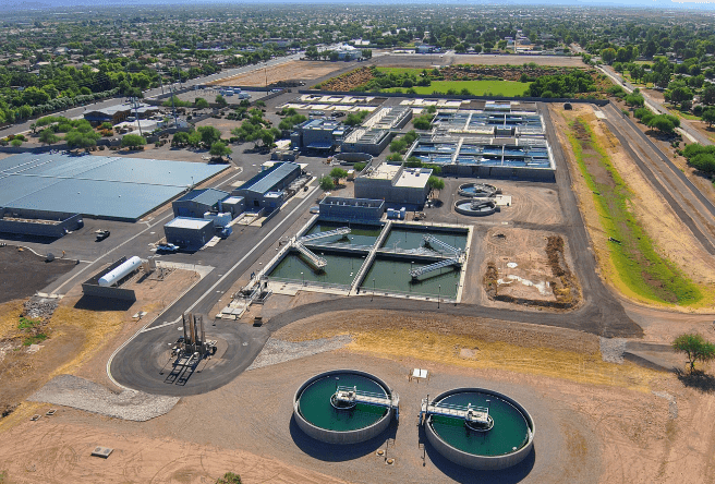 A wide shot showing the North Water Treatment Plant site and surrounding community.