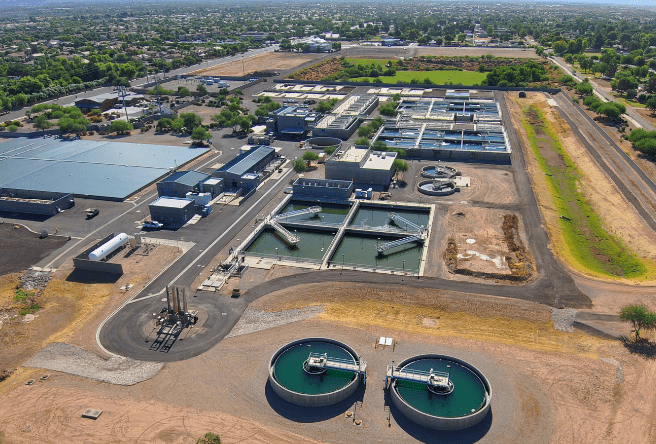 A wide aerial shot of the North Water Treatment Plant showing all of the facility's features.