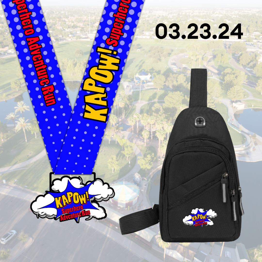 This is a picture of the medal and bag Kapow Runners will receive. 