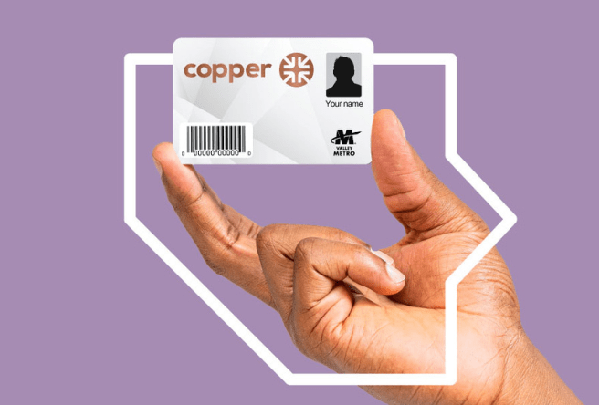 A hand is seen holding a reloadable fare card and the image is surrounded by an outline of Maricopa County.