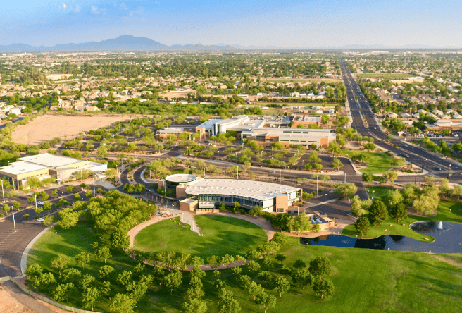 A wide aerial shot of the Gilbert Civic Center showing Town buildings and property.