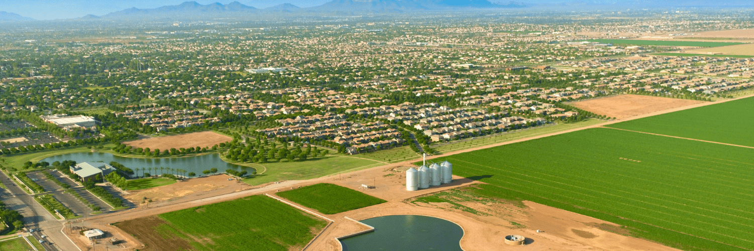 A wide aerial shot of Gilbert near the Morrison Ranch community.