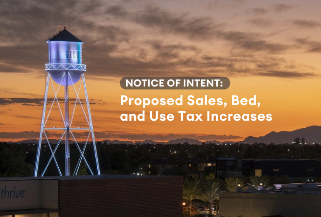 Image of the water tower with text saying Notice of Intent: Proposed Sales, Bed, and Use Tax Increases